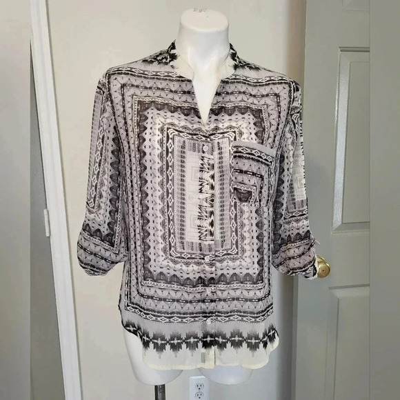 Staring at Stars Anthropologie Sheer Aztec Square Printed Button Up Blouse(XS) - Picture 1 of 7